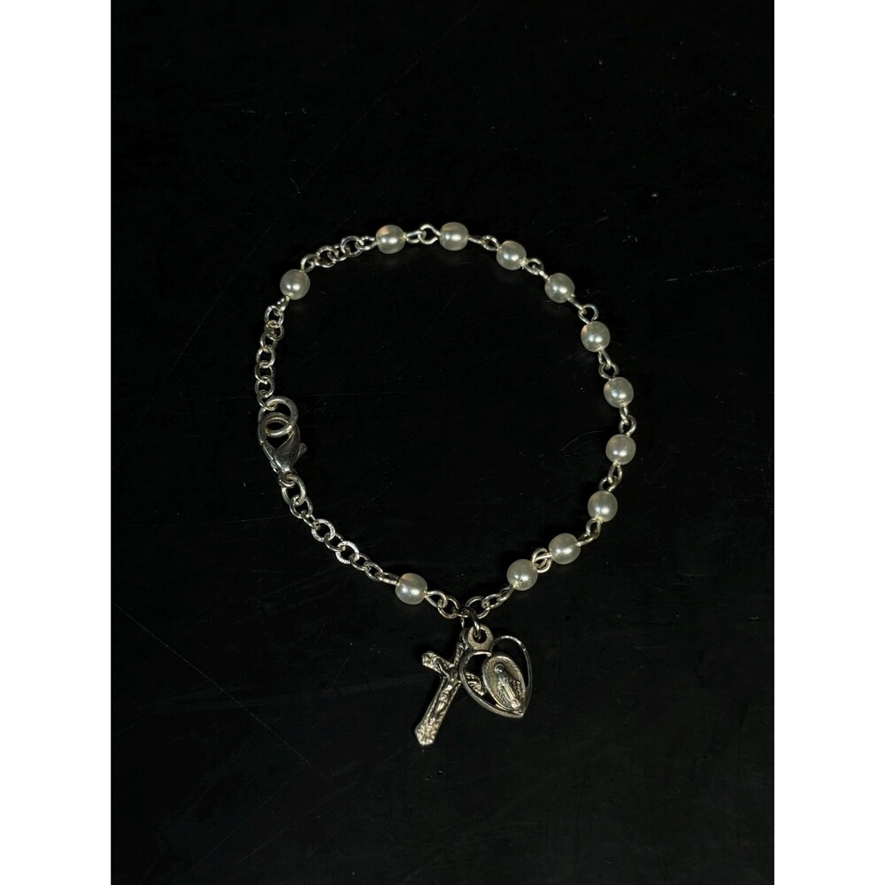 Sterling Silver Virgin Mary Cross Heart White Beaded Rosary Bracelet 6.25"